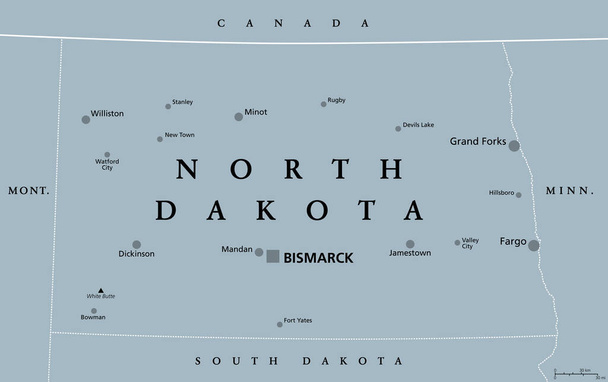 Dakota del Norte, ND, mapa político gris, con capital Bismarck. Estado en la subregión superior del Medio Oeste de los Estados Unidos de América apodado Peace Garden State, Roughrider State y Heaven on Earth. Vector - Vector, imagen