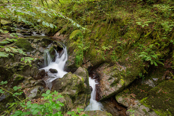 Larga exposición de una cascada en el río Hoar Oak Water que fluye a través de los bosques en Watersmeet en el Parque Nacional Exmoor - Foto, imagen