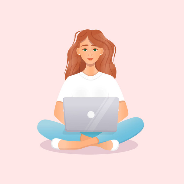 Söpö punahiuksinen nainen istuu kannettavan ääressä. Tasainen vektori esimerkki freelance, työ kotona, työ, toimisto, koulutus. Etätyö ja viestintä sosiaalisissa verkostoissa. - Vektori, kuva