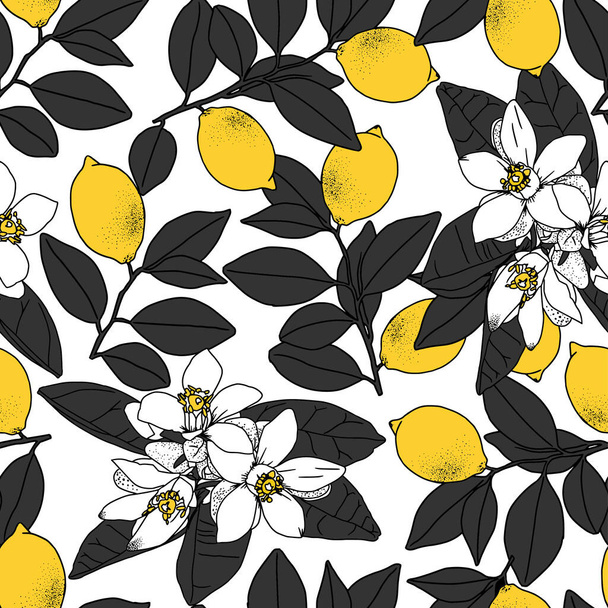 Tropical background with yellow lemons. Hand-drawing sample of lemons flowers on a white background. Fruits and flowers. Vector bright repeating print for fabric, wallpaper, design, party paper. - Vektör, Görsel