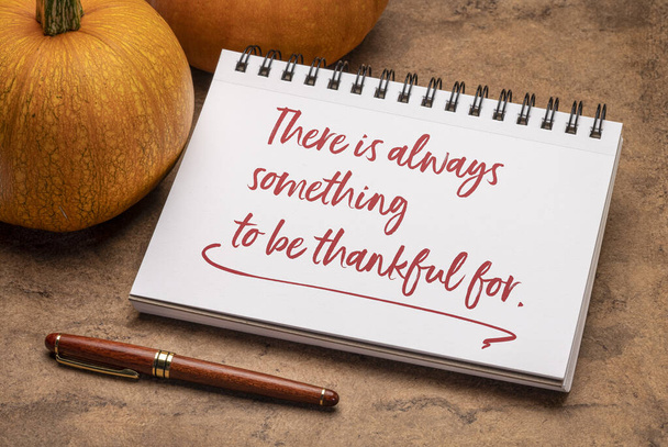 There is always something to be grateful for - handwriting in a spiral sketchbook with a pumpkin, Thanksgiving holiday inspirational concept - Fotografie, Obrázek