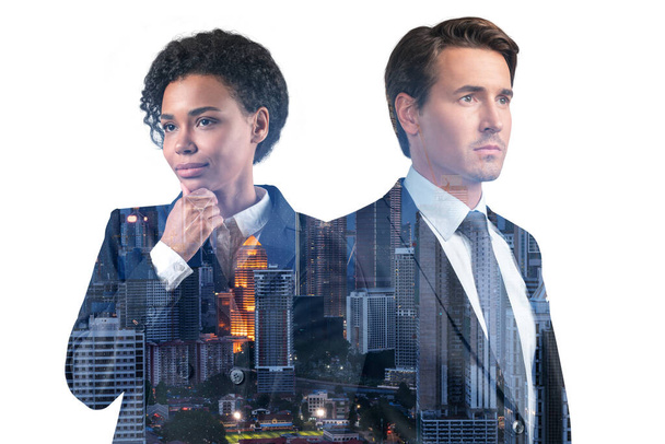 African American business woman and European businessman in suits, hand on chin. Asia corporate lifestyle, multinational diverse young professionals. Night Kuala Lumpur city view. Double exposure - Foto, Imagen