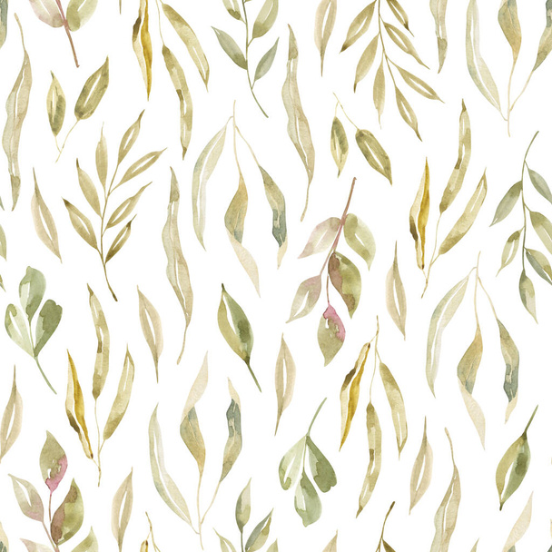 Watercolor seamless cozy pattern with dry and green, brown leaves. Autumn trendy print. Hand drawn. For printing on paper, packaging, textiles, banners, brochures. Rustic, botanical style - Photo, image