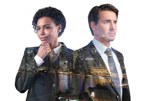 African American business woman and European businessman in suits, hand on chin. Asia corporate lifestyle, multinational diverse young professionals. Night Singapore city view. Double exposure - Foto, Imagen