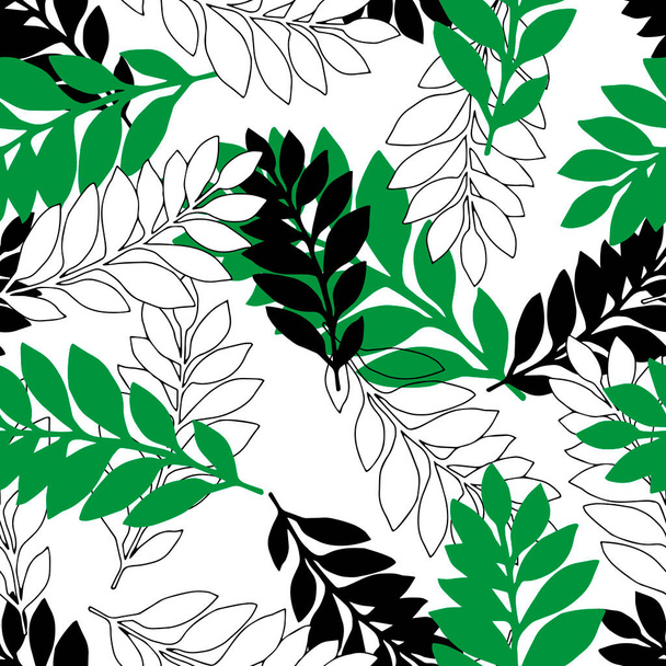A Vector Illustration Hand drawn of green black white palm leaves. Seamless pattern - Vecteur, image