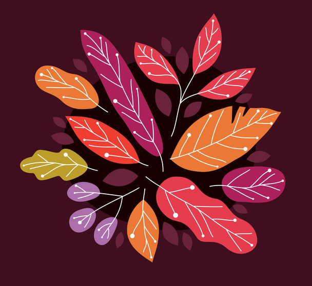 Yellow and red autumn leaves beauty of nature vector flat illustration on dark background, fall foliage drawing composition. - Vektori, kuva