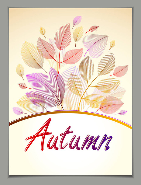 Design vertical banner with Autumn typing logo, fall red and yellow leaves frame composition background. Card for autumn season, promotion offer. Stylish classy botanical drawing, environment. - Vektor, Bild