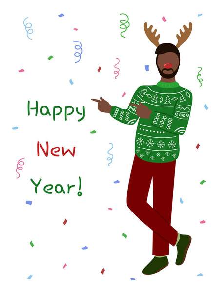 Feliz Año Nuevo tarjeta de felicitación. Hombre en suéter se queda y se divierte. Fiesta de Año Nuevo con confeti. Ilustración vectorial - Vector, imagen