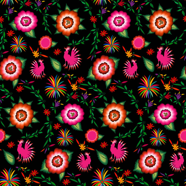 Zökkenőmentes mexikói virághímzés minta, színes őshonos virágok népi divat design. Hímzett hagyományos textil stílus Mexikó, vektor elszigetelt fekete alapon - Vektor, kép