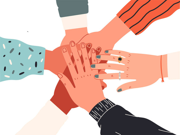 Mensen slaan de handen ineen als een groep verenigd door gemeenschappelijke waarden - Vector, afbeelding