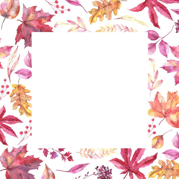Frame with hand painted watercolor autumn leaves. Cute design for templates, post wedding and fall decorations.  - Photo, Image