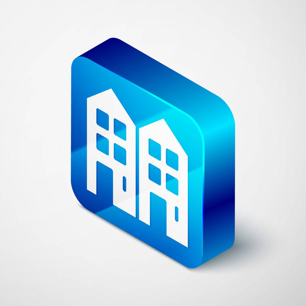 Изометрическая иконка "Дом" выделена на сером фоне. Домашний символ Синяя квадратная кнопка. Вектор - Вектор,изображение