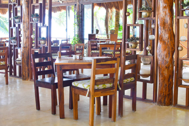 sea view from the restaurant. sea breakfast. beach village cafe. tropical gourmet luxury vacation. romantic dinner under the palm trees - Φωτογραφία, εικόνα