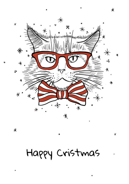 Tarjeta de felicitación de Feliz Navidad con carácter de gato. - Vector, Imagen