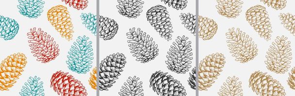 Golden pine cone seamless pattern sketch engraving. Hand drawn illustration. xmas pinecones. - Вектор,изображение
