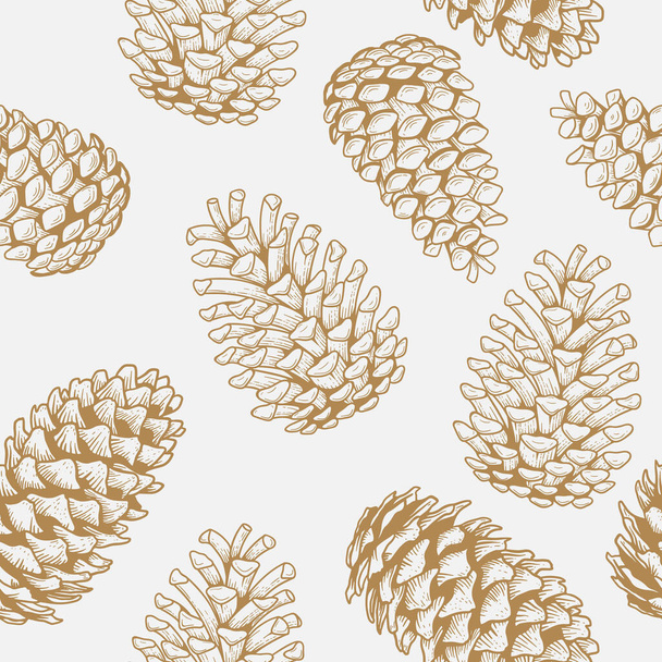 Pine cone seamless pattern sketch engraving. Hand drawn illustration. xmas pinecones. - Vector, Image