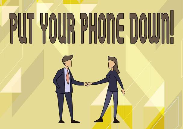 Légende texte présentant Posez votre téléphone vers le bas. Idée d'affaires fin de la connexion téléphonique dire au revoir à l'appelant Homme et femme debout face à l'autre tenant la main. - Photo, image