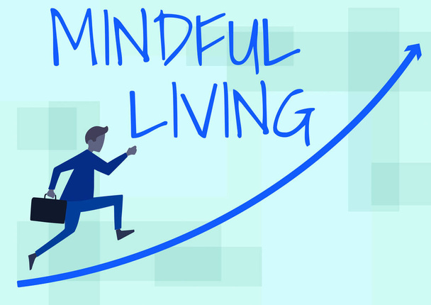 Pokaz konceptualny "Mindful Living". Koncepcja oznacza w pełni świadomy i zaangażowany w coś świadomy i rozsądny biznesmen Biegnący w górę trzymając walizkę ze strzałką wskazując w górę. - Zdjęcie, obraz