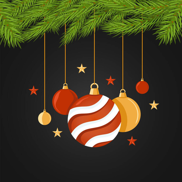 Christmas vector banner with a strip of fir branches decorated with stars and balls on a black background - Vector, Image