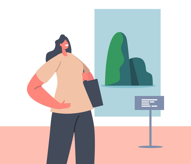 Female Character in Museum with Modern Artworks. Woman in Art Gallery Watching and Enjoying Contemporary Exhibition - Vector, Image