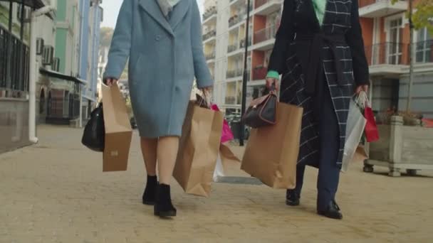 Low section of walking mature adult women with many paper bags outdoor - Footage, Video