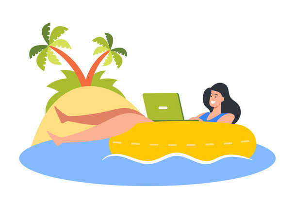 La giovane imprenditrice nuota sull'anello gonfiabile nell'oceano lavorando sul computer portatile, il libero professionista si rilassa e lavora sulla spiaggia tropicale - Vettoriali, immagini