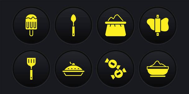 Spatula, sodrófa a tésztán, házi pite, cukorka, liszt, kanál, liszt tál és jégkrém ikon. Vektor - Vektor, kép