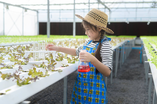 A happy cute girl learning and studying in hydroponic greenhouse farm, education and scientist concept - Foto, Bild