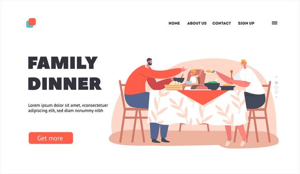 Family Dinner Landing Page Vorlage. Glücklicher Vater, Mutter und kleines Baby am Esstisch mit Essen in der Küche - Vektor, Bild