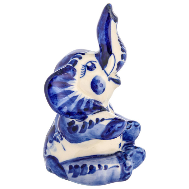 Carino elefante Statuina Scultura Porcellana Ceramica isolata su sfondo bianco. Cobalto Il colore blu è la pittura popolare tradizionale di Gzhel. Arredamento per interni di locali. - Foto, immagini