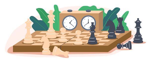 Chequered Chessboard com peças de xadrez preto e branco isolado em fundo branco. Jogo Estratégico e Tático - Vetor, Imagem