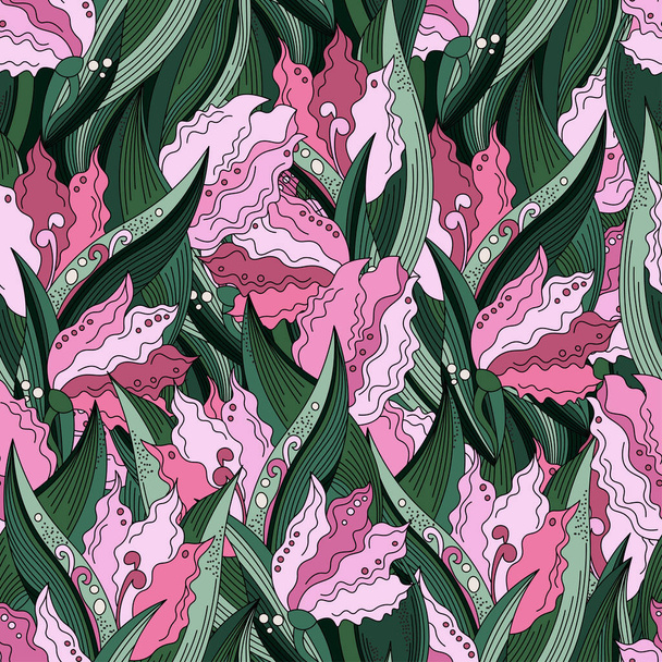 チューリップの花や葉で優しいピンクのシームレスベクトルパターン。美しい背景画像 - ベクター画像