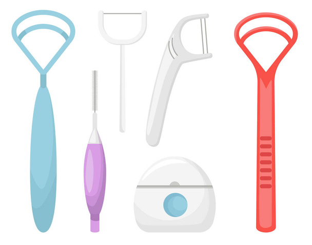 Icons für die Zahnpflege, individuelle Werkzeuge für die Mundhygiene, Ausrüstung für die Zahnreinigung. Zahnseide und Zungenschaber - Vektor, Bild