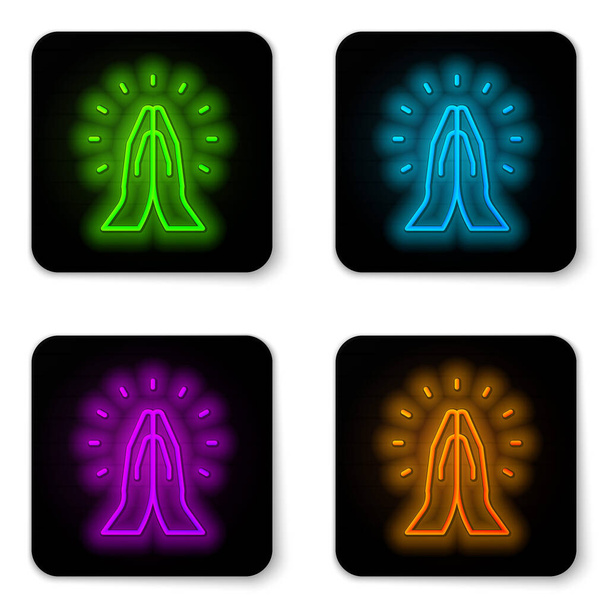 Glowing neon line Hands in praying position icon isolated on white background. Prayer to god with faith and hope. Black square button. Vector - Vector, Image
