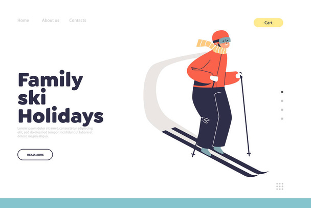 Vacanza sciistica in famiglia concetto di landing page con bambino ragazzo sciare durante le vacanze invernali - Vettoriali, immagini