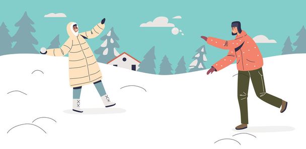 雪玉をしている幸せな子供たち。子供は冬、面白い屋外活動や休日の天気を楽しむ - ベクター画像