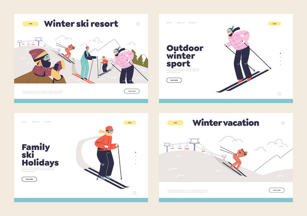 Winterurlaub im Skigebiet für Familienkonzept der Landing Pages mit Menschen, die das Skifahren genießen - Vektor, Bild