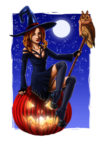 Bruja sexy con calabaza de Halloween, búho e ilustración de fondo - Foto, imagen