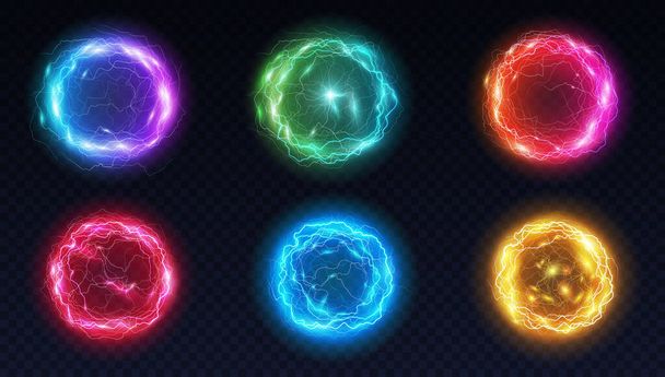 Boules d'énergie et sphère plasma, éclairs électriques et éclairs lumineux. Décharge de foudre magique - Vecteur, image