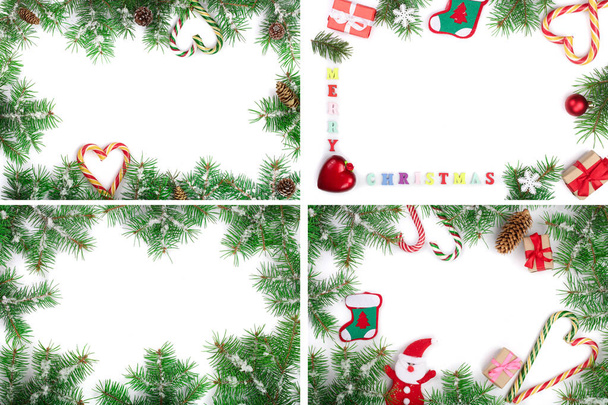 De vertakking van de beslissingsstructuur van het Frame van de kerst in Fir met sneeuw geïsoleerd op een witte achtergrond met kopie ruimte voor uw tekst. Bovenaanzicht - Foto, afbeelding