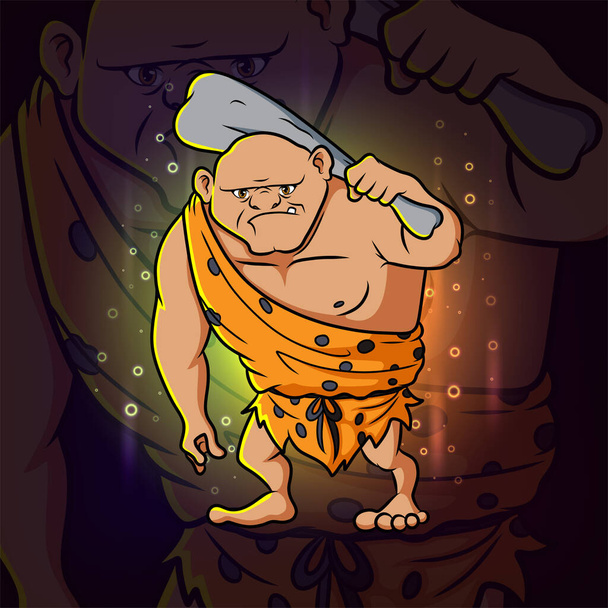 El hombre antiguo con el palo de hueso esport mascota diseño de la ilustración - Vector, Imagen
