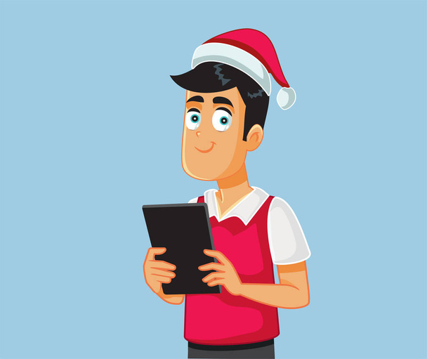 Christmas Man Holding Tablet Computer Shopping Vector Cartoon - Vector, Image