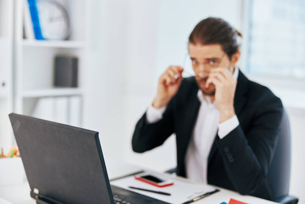 office worker work emotions in front of laptop technology - Foto, Imagen
