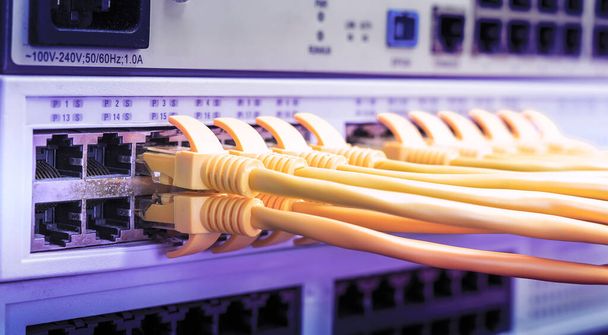 yellow Network cable in switch and firewall in cloud computing data center server rack - Photo, Image