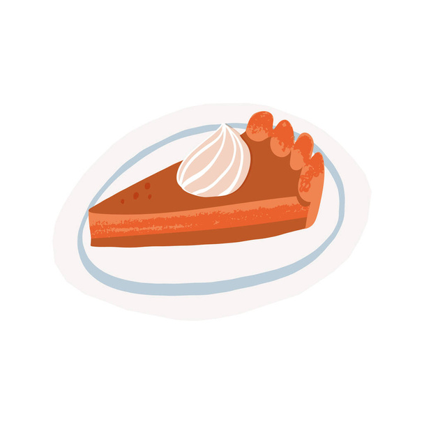 Кусок тыквенного пирога на тарелке, традиционная осенняя американская выпечка, сезонная кухня. Векторная иллюстрация в стиле ретро. - Вектор,изображение