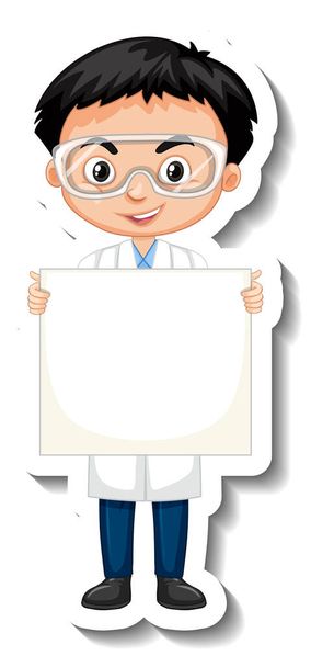 Scientist boy holding blank board cartoon character sticker illustration - Vector, Image