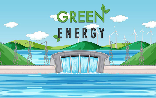 Гидроэлектростанции генерируют электричество с иллюстрацией зеленого баннера - Вектор,изображение
