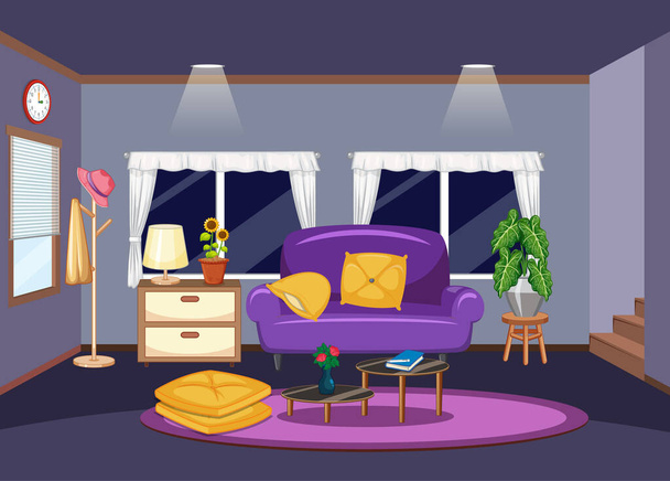Living room interior design with furnitures illustration - Vector, Image