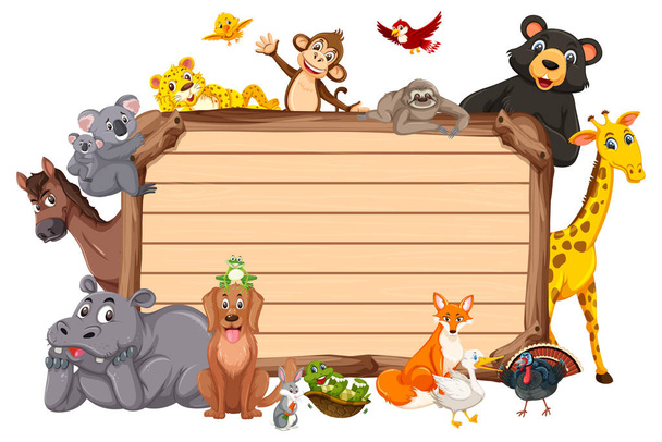 Leere Holztafel mit verschiedenen Wildtieren Illustration - Vektor, Bild