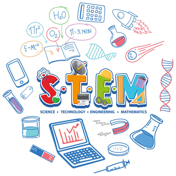 Logotipo de educación STEM colorido con elementos de aprendizaje ilustración - Vector, Imagen